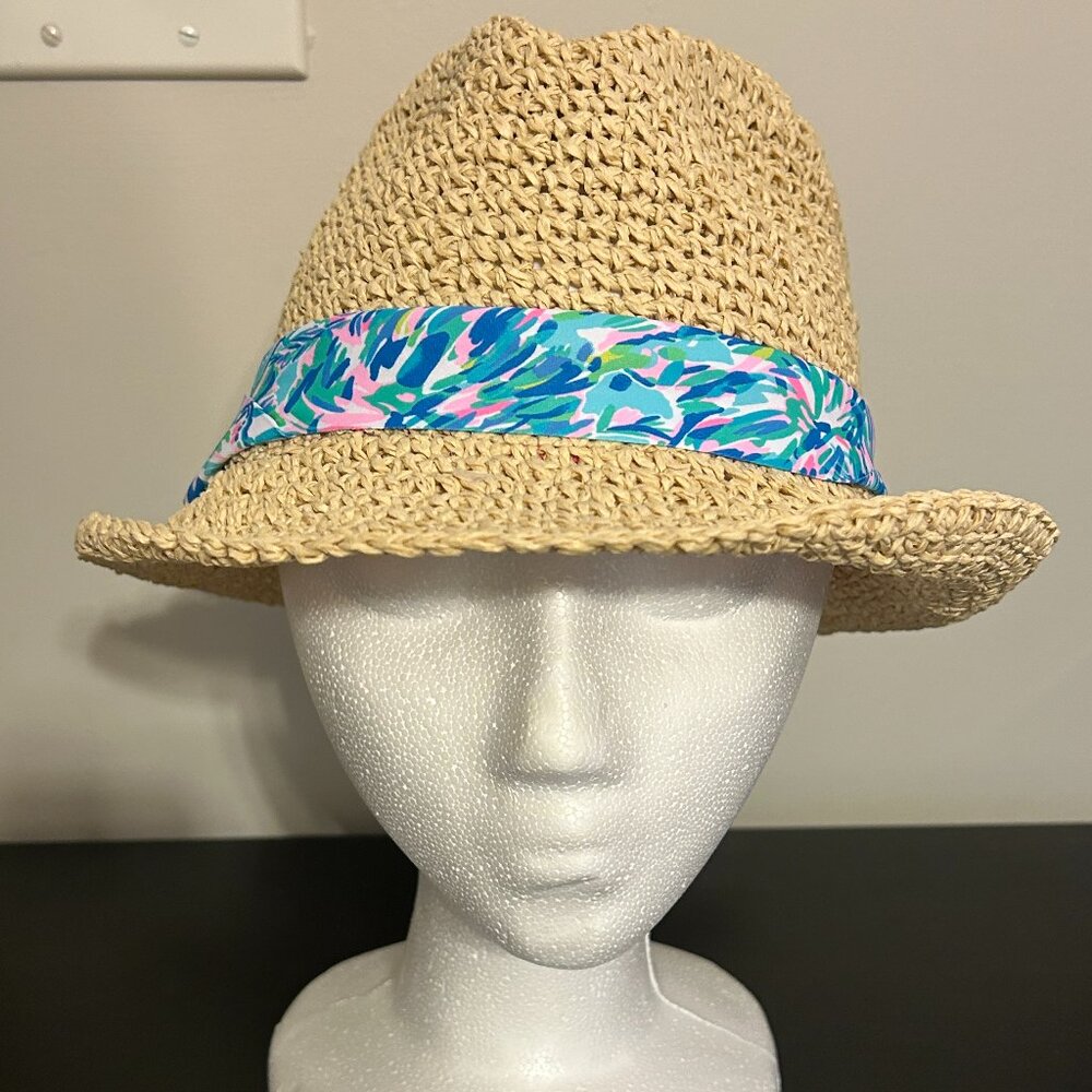 Lilly Pulitzer Natural Straw Fedora with Pink, Blue & Green Printed Band